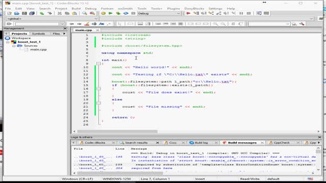 C++, boost - sprawdzanie obecności pliku (kompilator mieli bez końca)